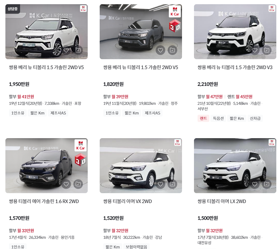 티볼리 중고차 가격 시세표 ❘ 15-22년식 중고 시세