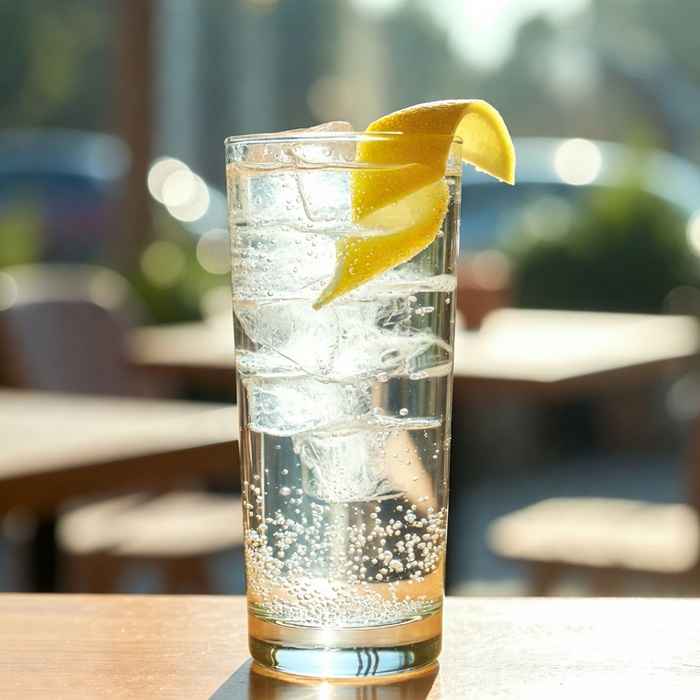 차가운 성에가 낀 유리잔에 담긴 황금빛 위스키 하이볼과 레몬 가니시