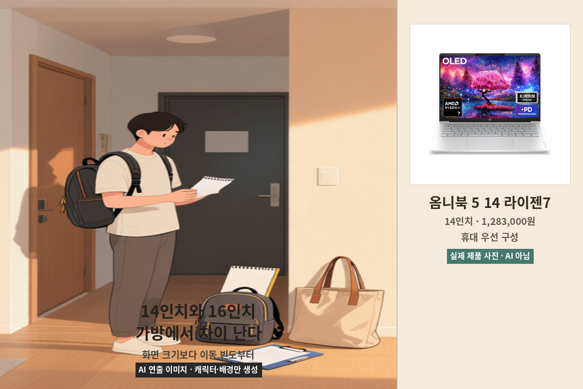 HP 옴니북 5 14인치와 16인치 휴대 조건을 비교한 이미지