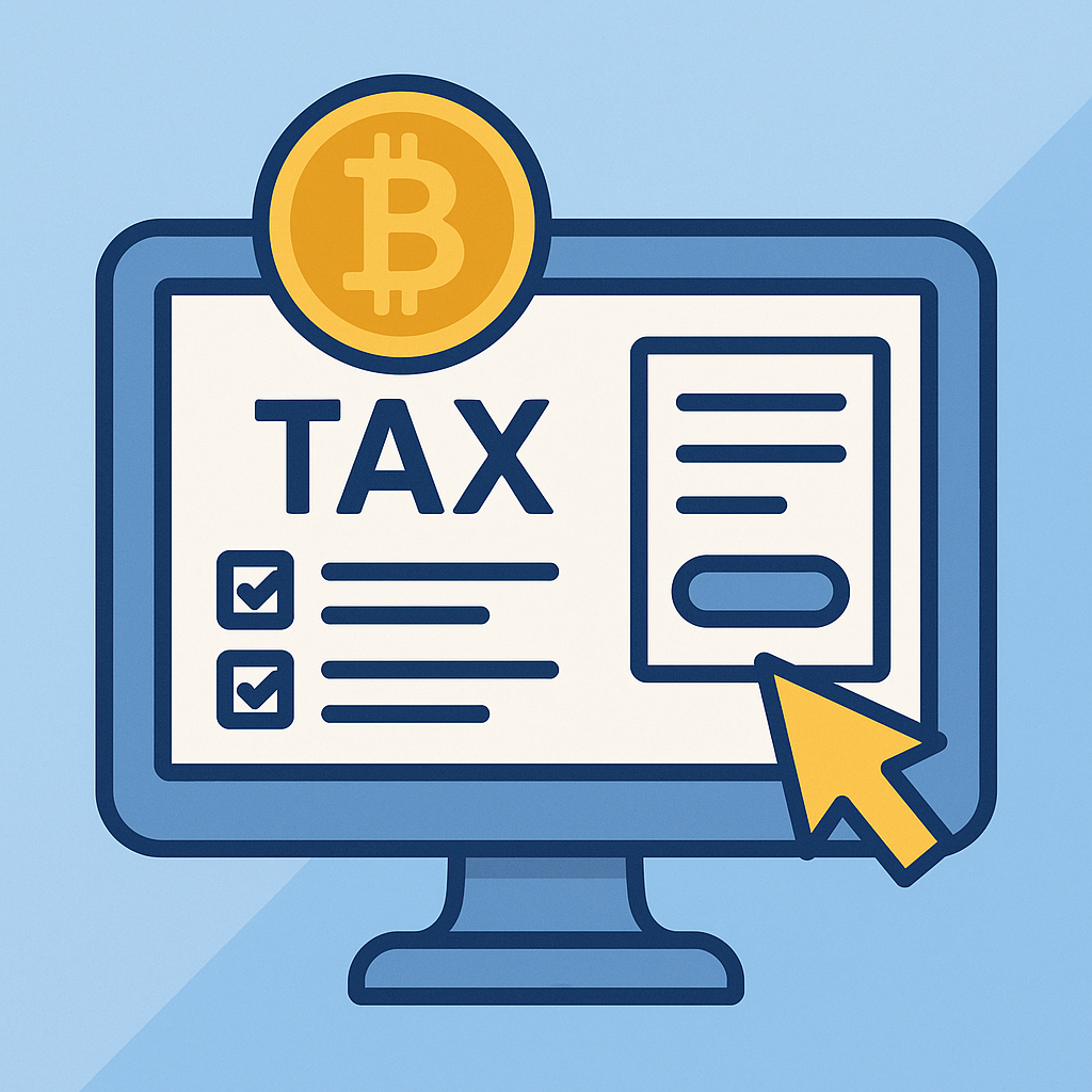 업비트 비트코인 세금 신고 절차를 상징하는 일러스트 - 암호화폐 세금 신고 화면과 제출 버튼 강조