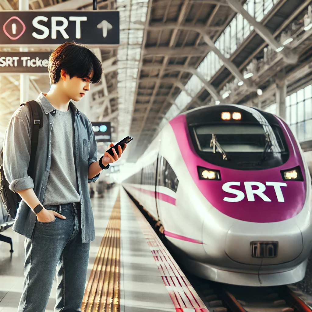 SRT 고속열차 역에서 할인 정보를 확인 중인 한국 여행자의 모습