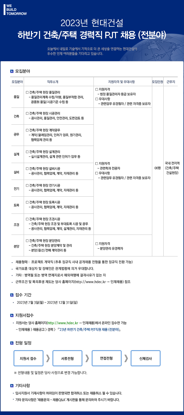 2023년 현대건설 하반기 건축/주택 경력직 PJT 채용