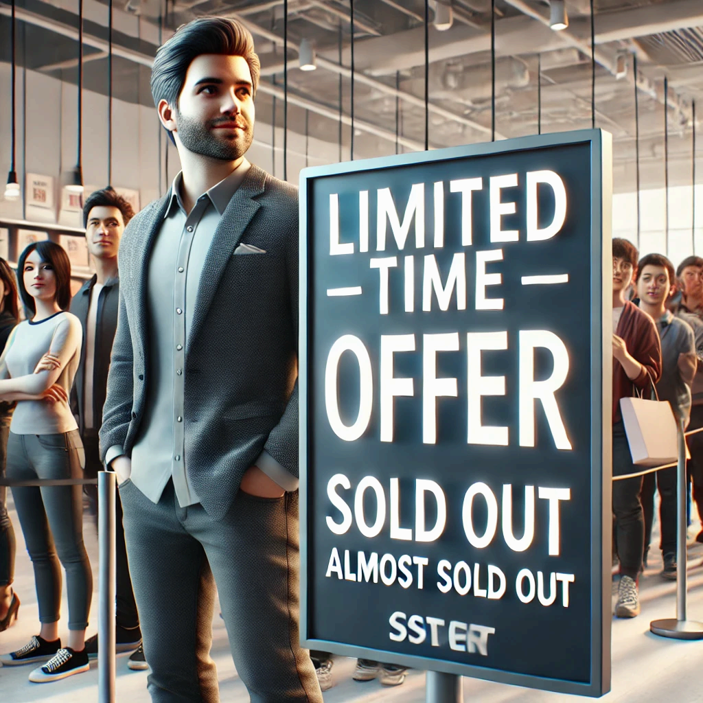 희소성 효과로, '마감 임박' 문구가 있는 프로모션 배너 앞에 사람들이 줄 서 있는 모습.