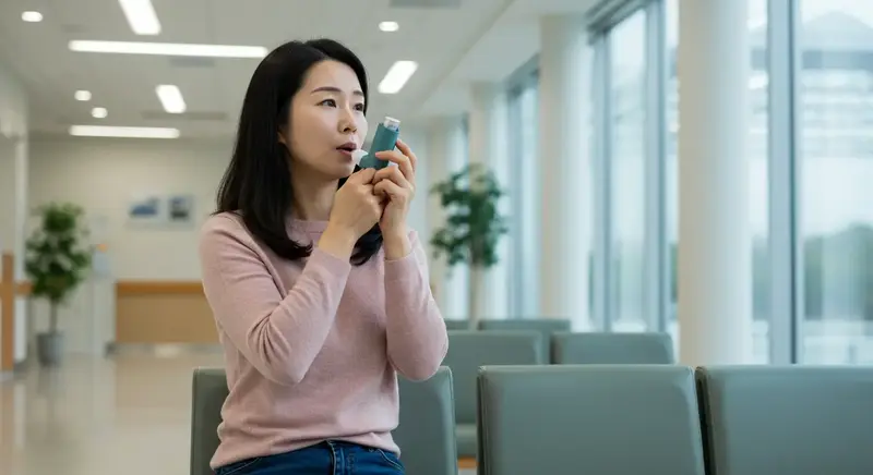 흡입기를 사용하는 중년 여성, 천식 증상 완화를 위한 치료 모습