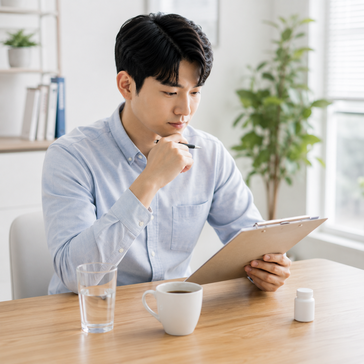 건강검진 전 물과 커피, 약 복용 여부를 확인하는 모습
