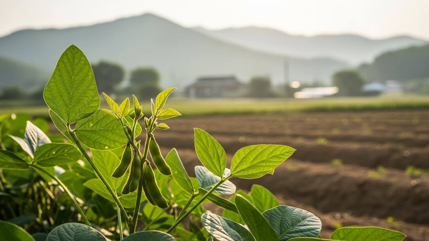 초여름 한국 시골 밭에서 자라는 서리태 콩잎과 꼬투리의 클로즈업 모습. 뒤로 농가와 산이 흐림 처리되어 서정적인 분위기를 준다.