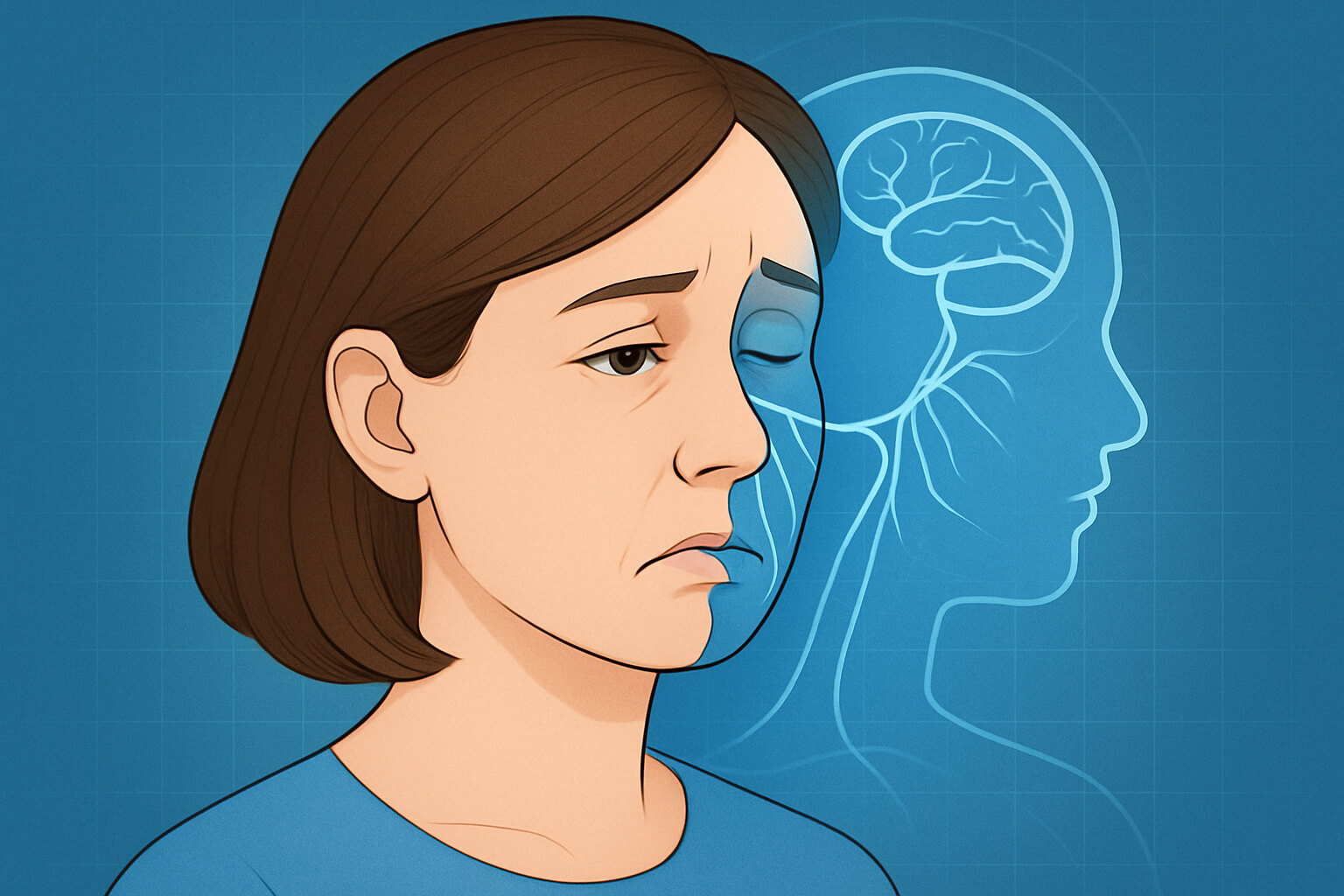 한쪽 얼굴이 마비된 여성의 걱정스러운 표정과 안면신경 그래픽이 함께 있는 의학 일러스트
