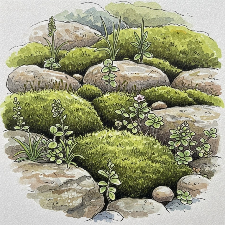 바위와 이끼가 어우러진 석가산의 세부 구성