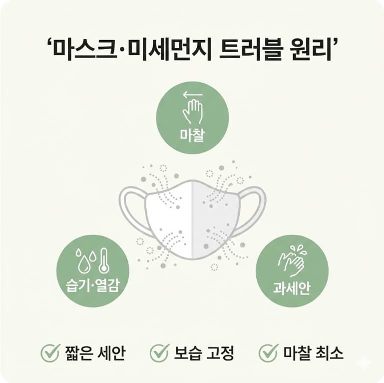마스크와 미세먼지로 인해 피부 장벽이 흔들리며 트러블이 늘어나는 원리와 7일 루틴을 정리한 인포그래픽