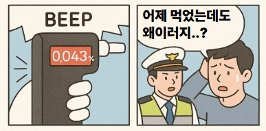음주운전에 걸린후 변명하는 남자의 만화 2컷
"어제 먹었는데 왜이러지?"