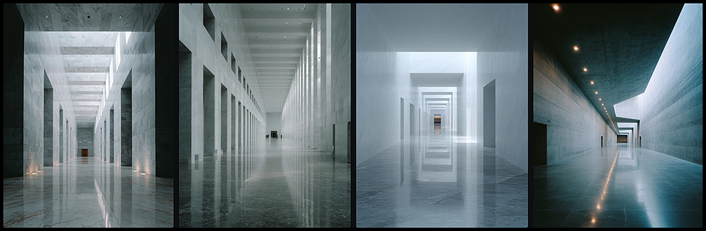 미니멀 아키텍처 홀 공간 배경과 인물이 모두 선명하게 표현된 깊은 심도 장면_Midjourney