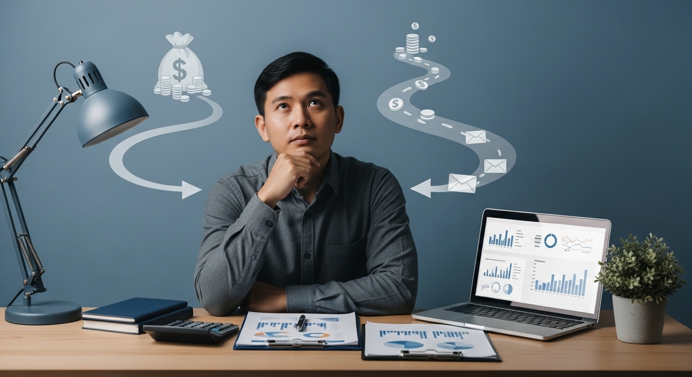 책상에 앉아 퇴직금 관리 고민하는 사람의 모습, 서류와 노트북이 놓여있고 두 갈래 길을 상징하는 추상적인 배경이 은퇴 자금 선택의 중요성을 나타냅니다.