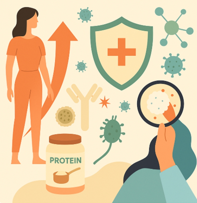 면역세포를 활성화시키는 단백질 섭취의 중요성을 표현한 플랫 일러스트