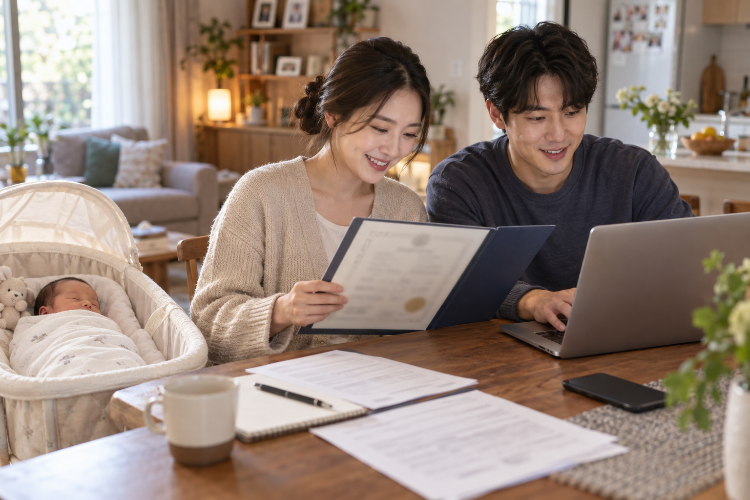 신생아 옆에서 온라인 출생신고 서류를 확인하는 부모의 실제 생활 장면