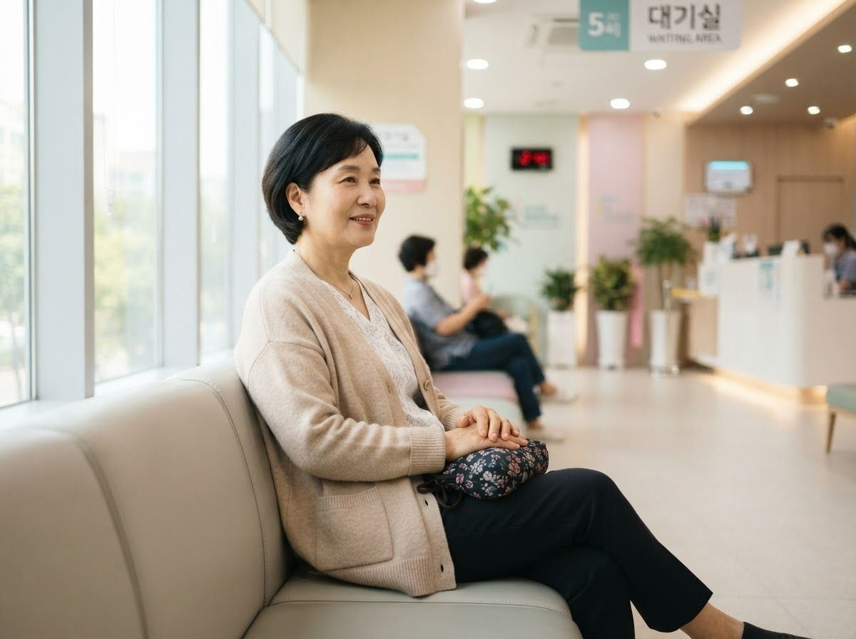 병원 대기실에 편안한 표정으로 앉아있는 한국인 중년 여성