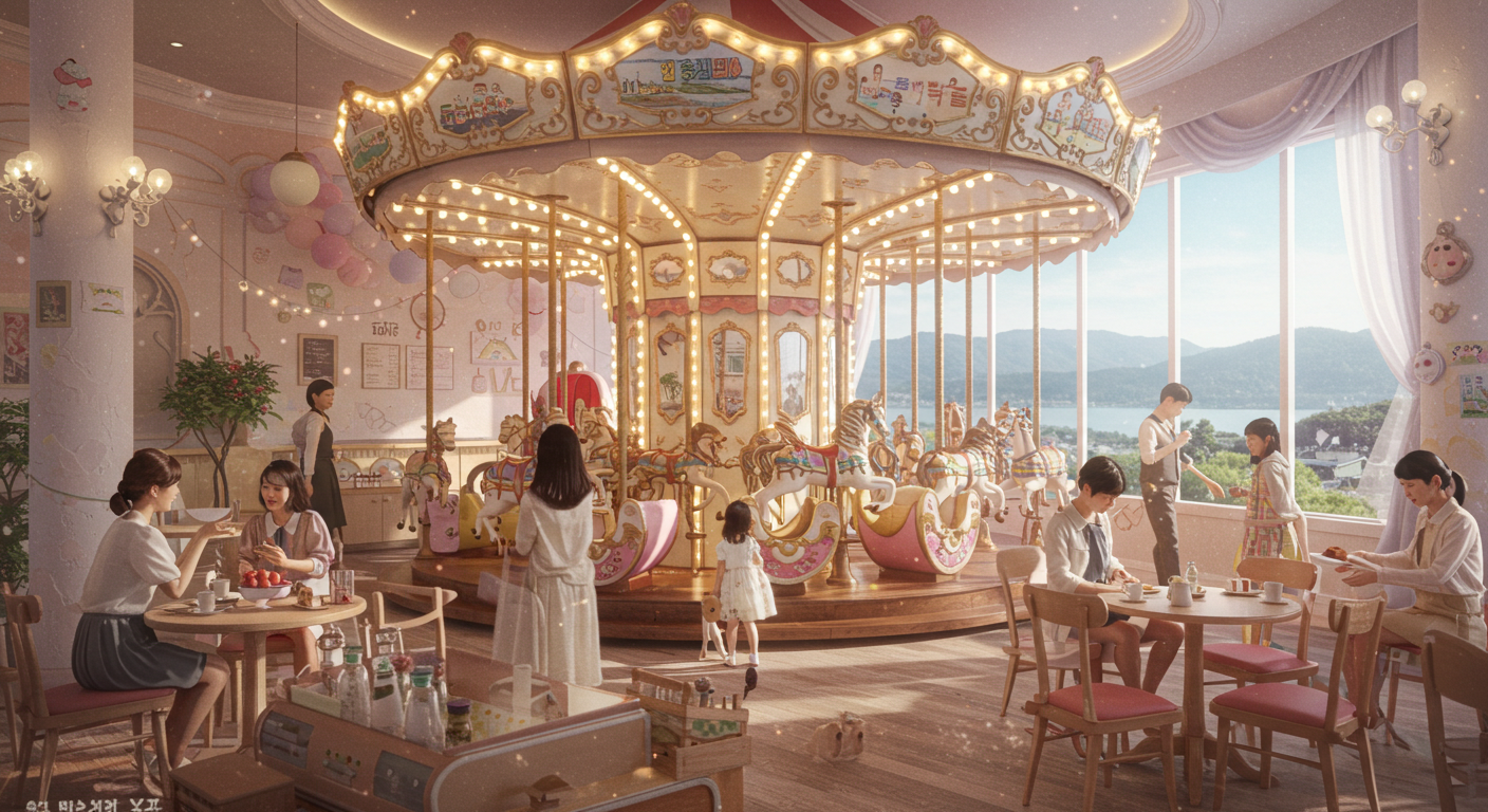 속초 메리고라운드 카페의 회전목마와 청초호가 보이는 내부 전경