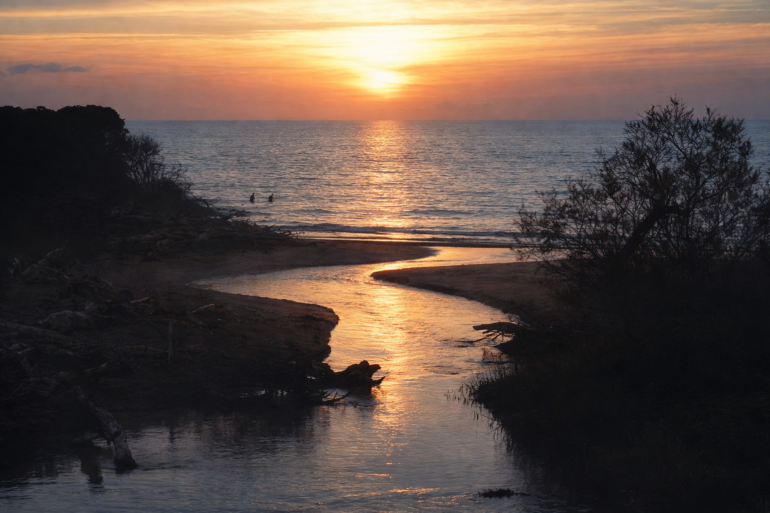 흐린 연못을 지나 강을 따라 흘러가다, 이른 아침의 바다에 닿은 붉은 태양 빛