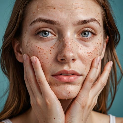 젊은 여성이 스트레스로 인한 알레르기로 피부가 벌겋게 되어 있다.