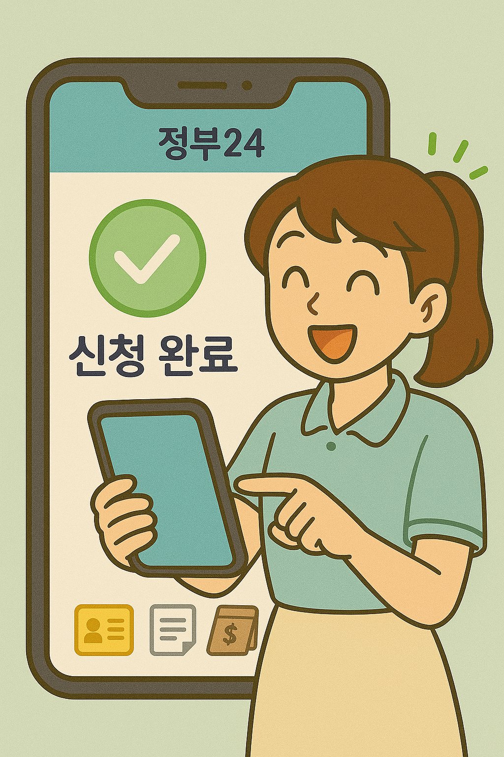 정부24 앱에서 신청 완료 메시지를 보고 기뻐하는 여성, 정부지원금 신청 완료 장면