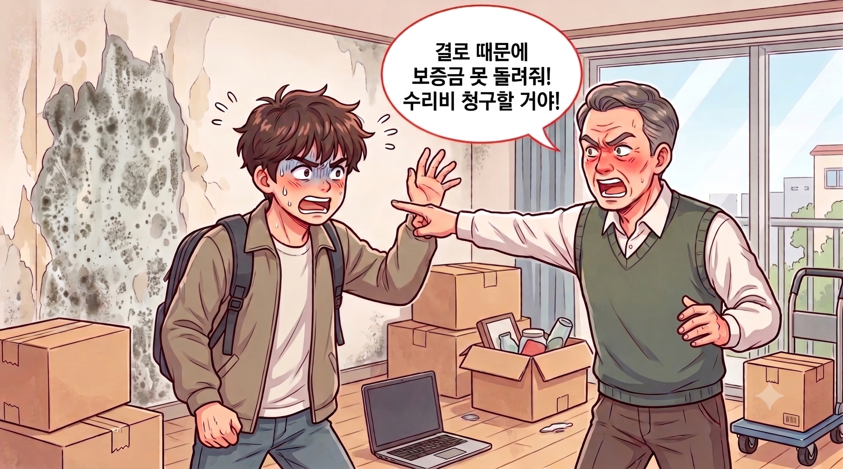 벽지 결로 현상으로 인해 임대인과 임차인의 분쟁을 그림으로 표현한 이미지