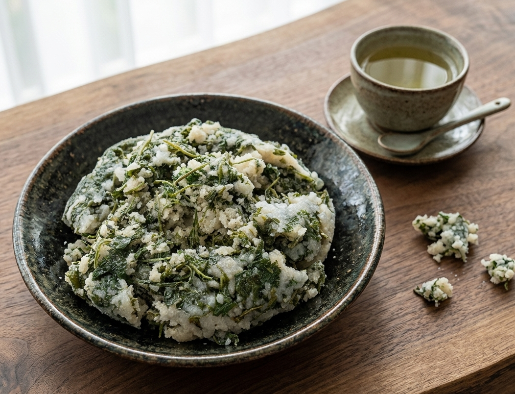 세라믹 볼에 포슬포슬하게 쪄낸 쑥 버무리가 푸짐하게 담겨 있고, 옆에 따뜻한 녹차 찻잔과 작은 스푼이 놓인 감성적인 테이블 세팅. 창가에서 들어오는 부드러운 자연광이 원목 조리대 위를 비추고 있는 요리 완성 사진.