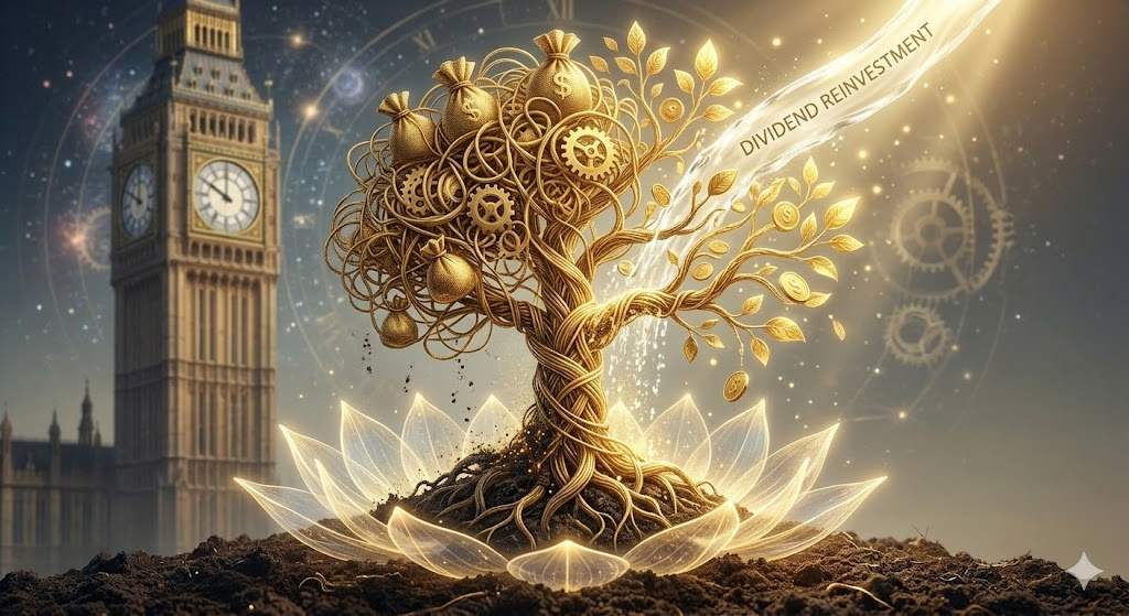 황금빛 배당금이 쏟아지는 고급스러운 금고와 성장하는 그래프를 배경으로 한 전문적인 금융 일러스트