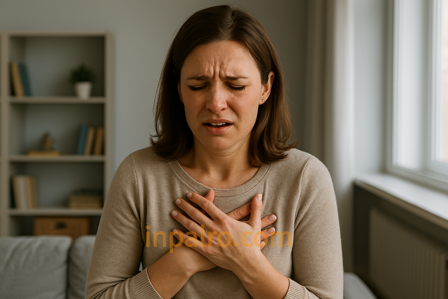 공황장애 때문에 가슴을 부여잡고 고통스러워 하는 여성 이미지