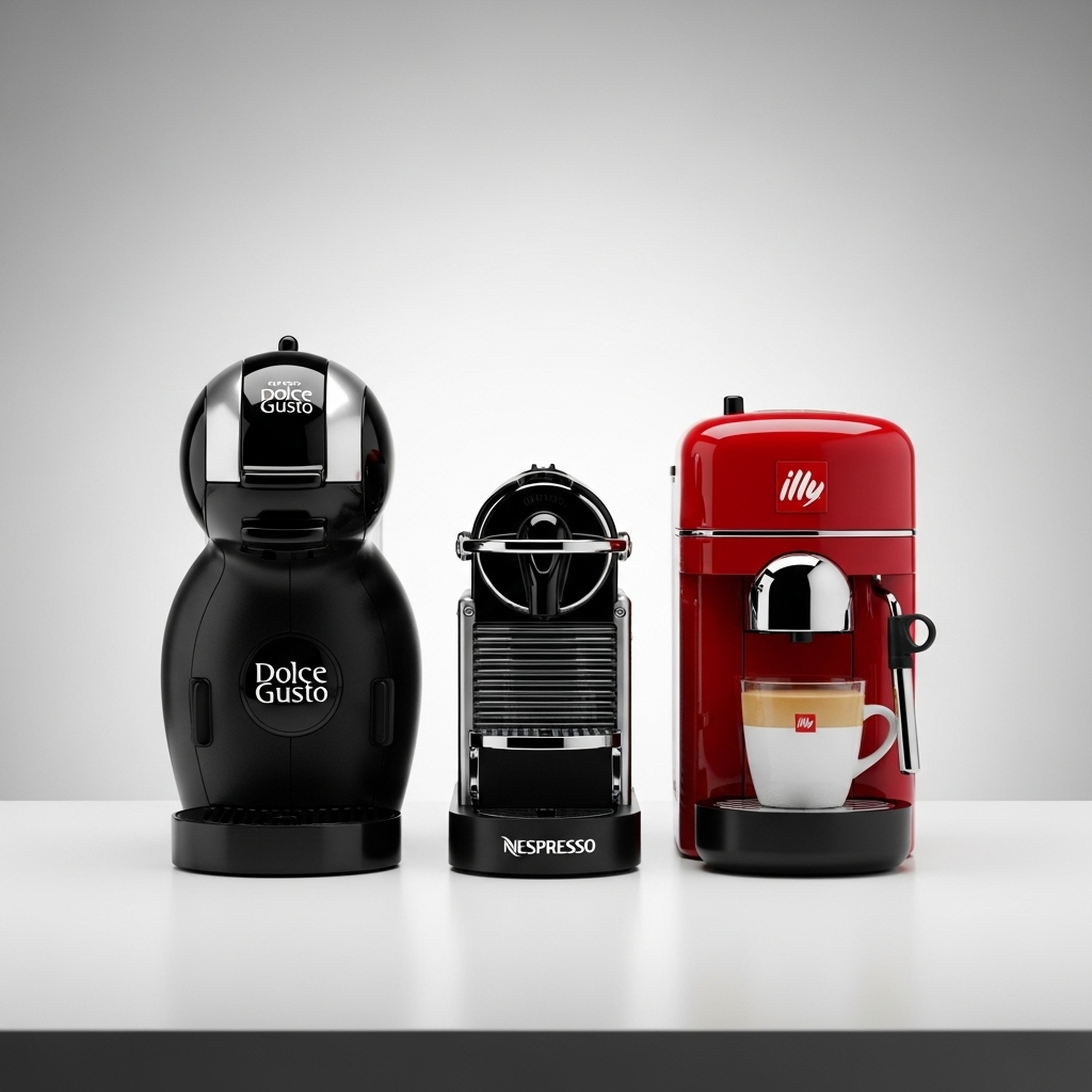 돌체구스토, 네스프레소, 일리 캡슐커피머신이 나란히 놓여져 있는 장면