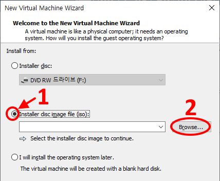 Installer disk image file(iso)에 체크하고 Browse 버튼 누르기