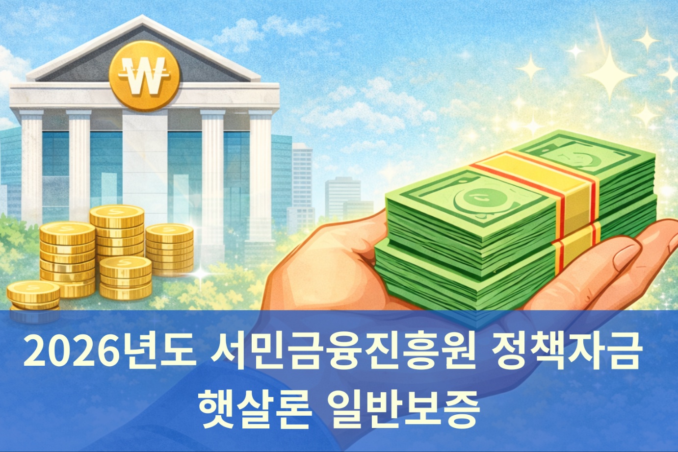 서민금융진흥원 정책자금인 햇살론 일반보증을 상징하는 이미지로 금융기관과 현금 다발을 통해 2026년 최대 대출한도 1,500만원을 시각적으로 표현한 일러스트