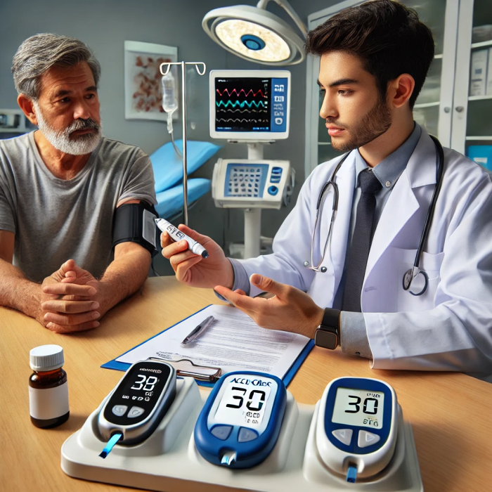 병원에서 의료진이 혈당 측정기를 환자와 함께 설명하는 모습.