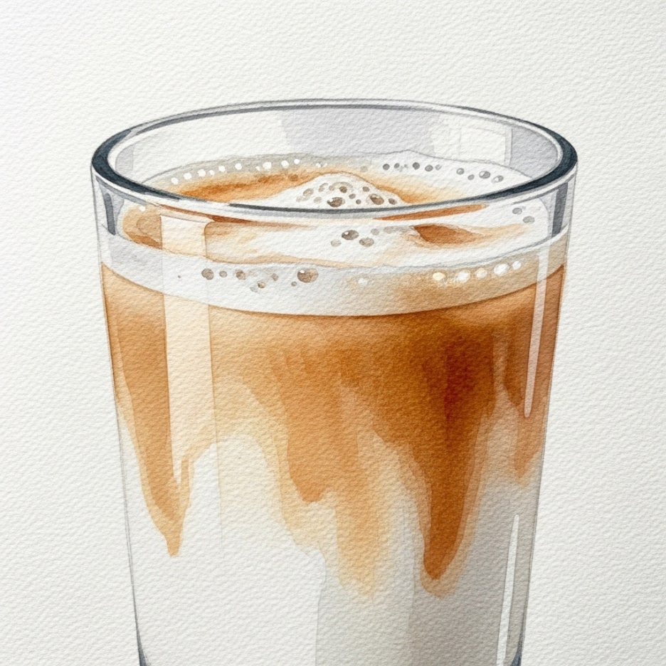 부드러운 거품이 올라간 시원한 밀크티 한 잔