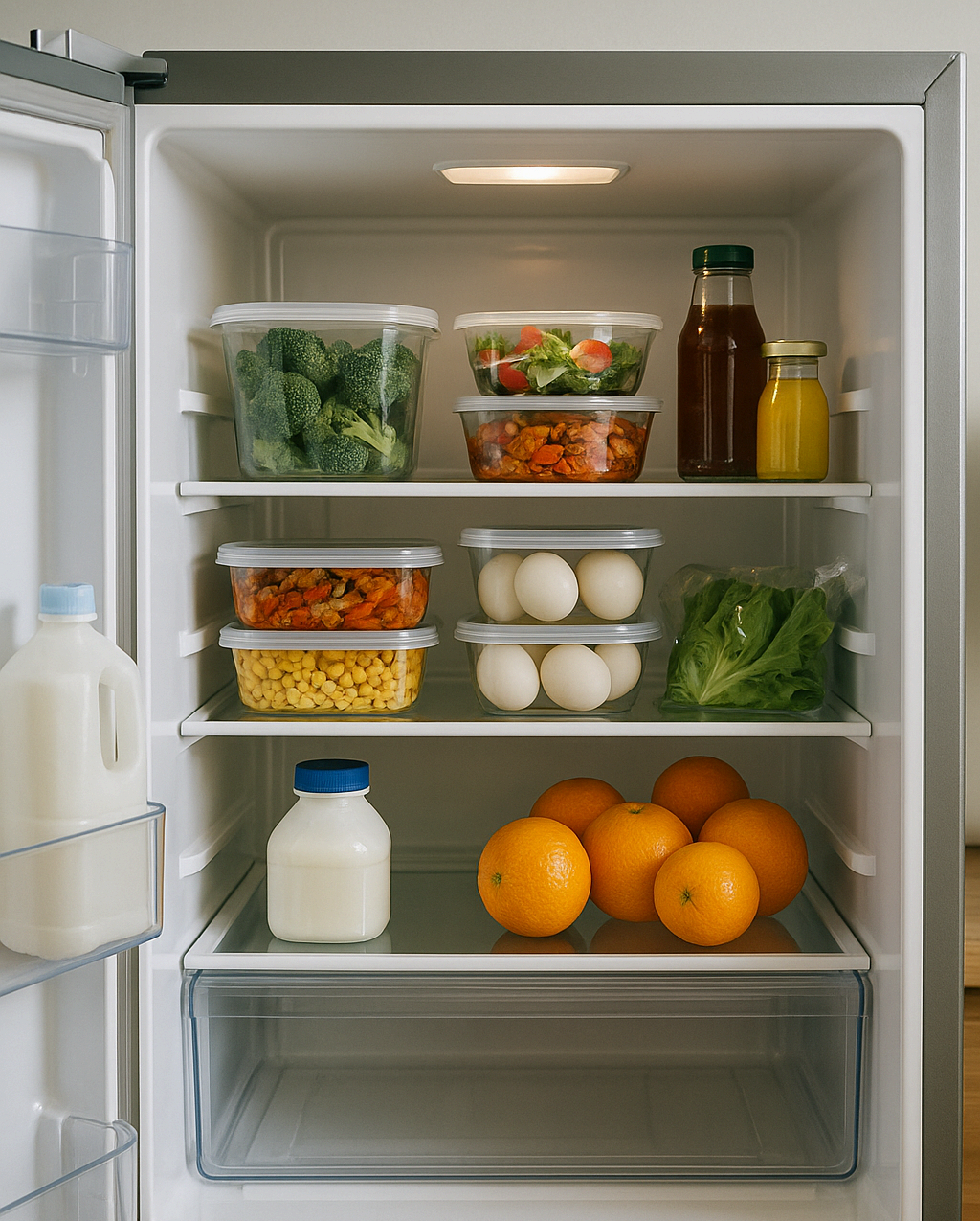 식재료를 효율적으로 정리한 냉장고 내부 모습