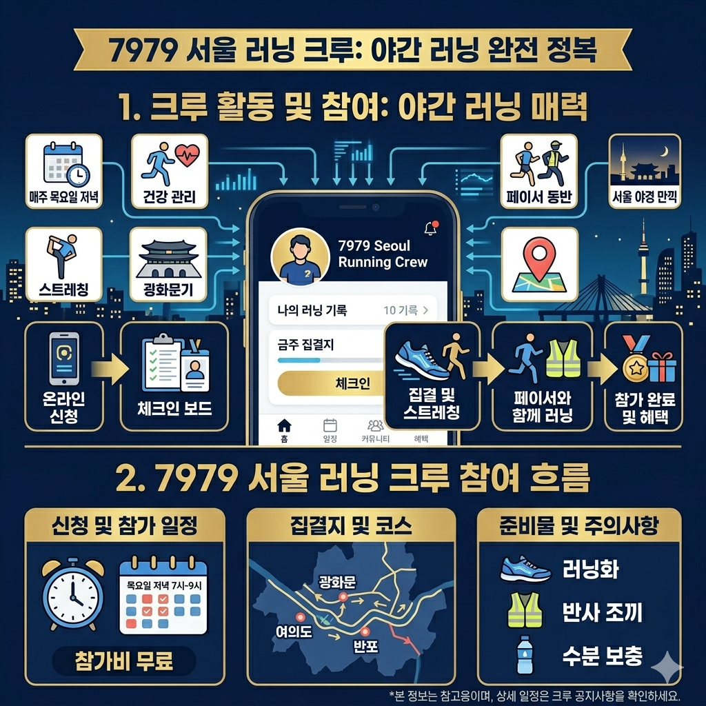 7979 서울 러닝 크루 신청 방법, 일정&middot;코스&middot;집결지&middot;현장접수 인포그래픽