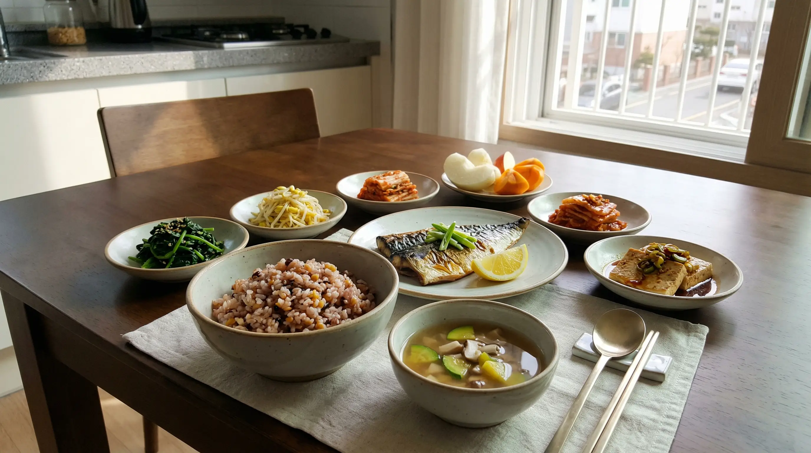 잡곡밥과 생선, 채소, 두부, 과일이 담긴 심장 건강 식탁