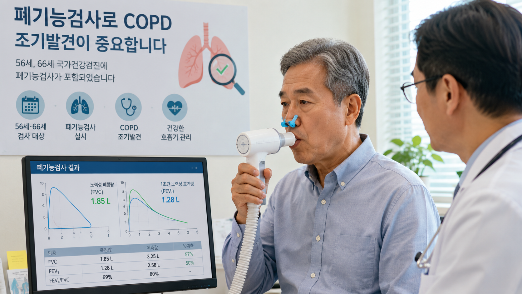 56세&middot;66세 국가건강검진 대상자가 병원에서 폐기능검사를 받으며 COPD 조기발견 상담을 하는 모습