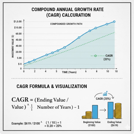 CAGR을 계산하는 복잡한 공식과 이를 그래프로 시각화한 이미지