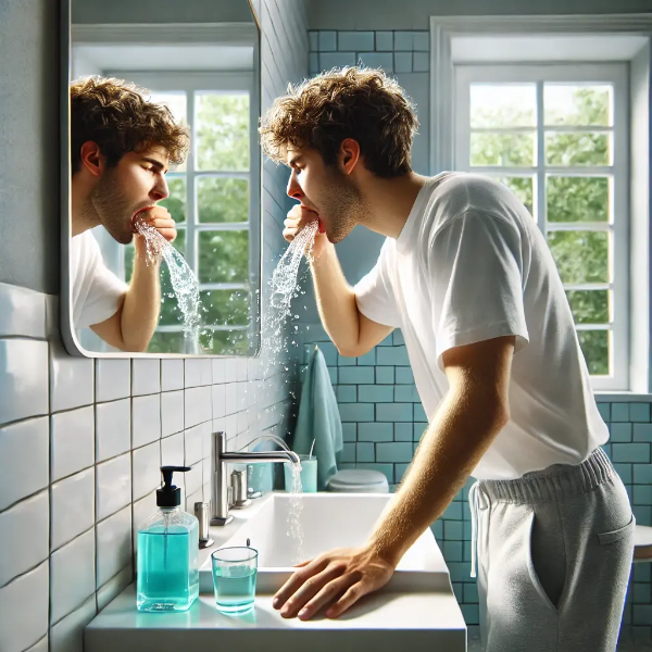 구내염 증상 완화를 위해 가글하는 모습 – 욕실에서 청결한 분위기의 실사 이미지