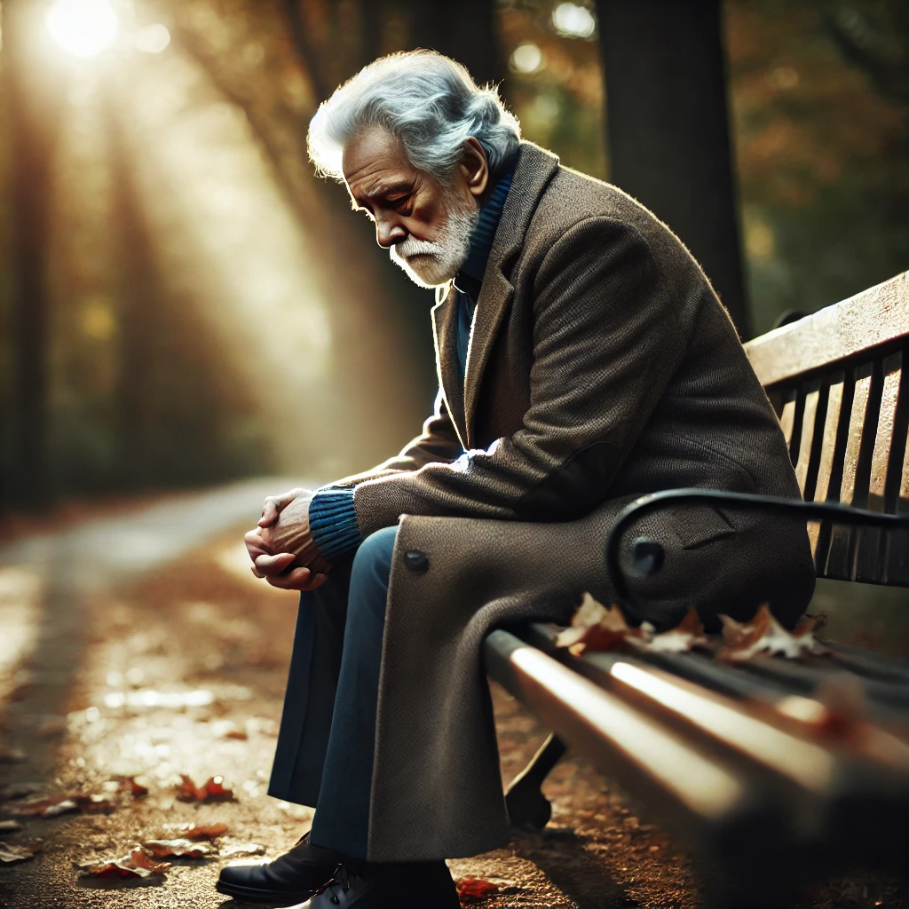 눈물 흘리는 노인: 홀로 벤치에 앉아 눈물을 흘리는 노인. 상속 문제로 인한 외로움과 슬픔을 표현.