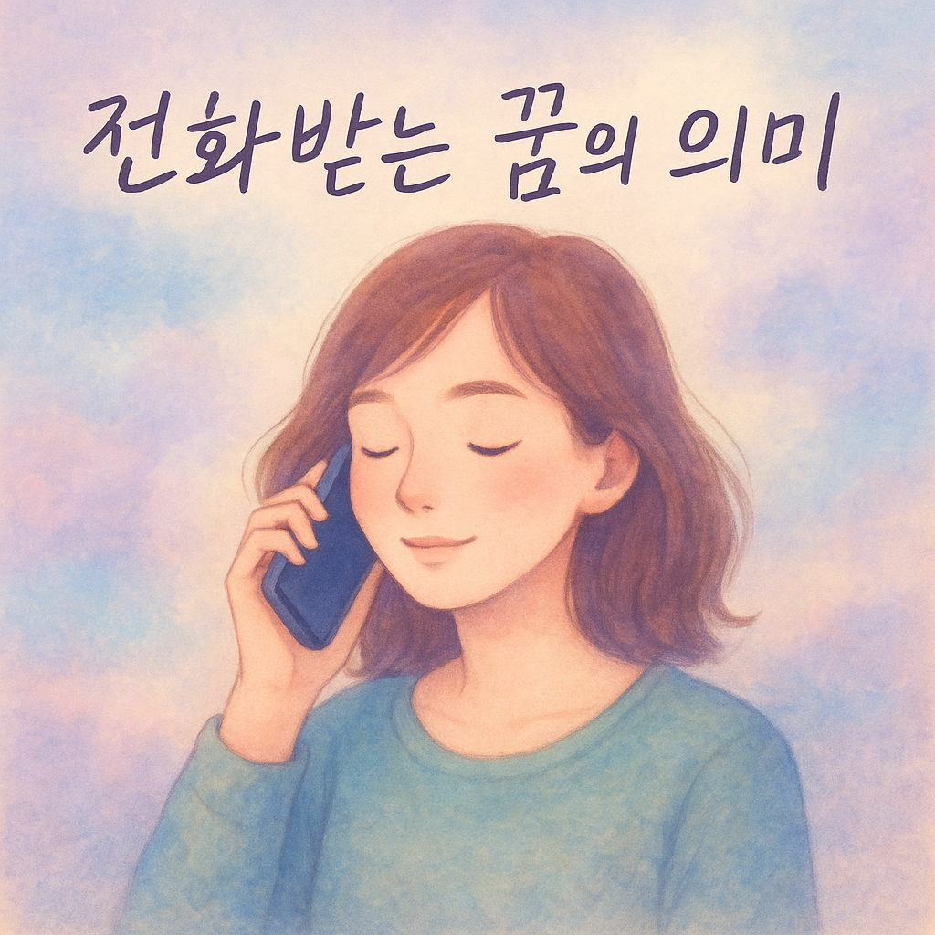 몽환적인 파스텔톤 일러스트로, 따뜻한 실내에서 한국 여성이 스마트폰을 귀에 대고 통화하는 장면을 표현