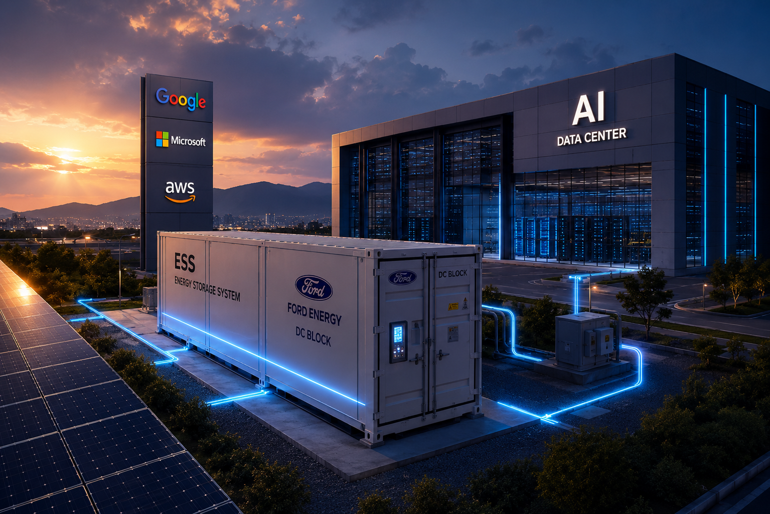 AI 데이터센터 전력 자급자족을 위한 대형 컨테이너형 ESS 에너지저장장치 설치 모습. 태양광에서 배터리를 거쳐 서버로 이어지는 RE100 전력 공급 흐름 시각화