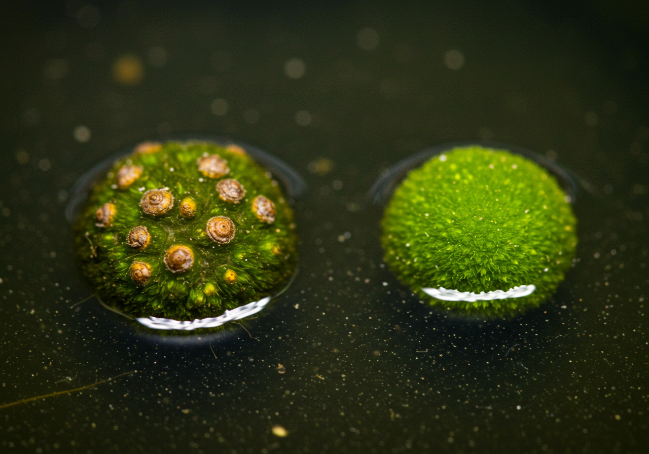 문제 발생한 마리모와 건강한 마리모 비교 이미지