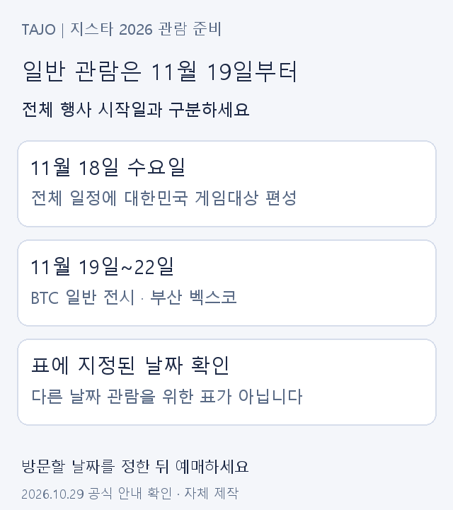 지스타 전체 행사 11월18일과 일반 BTC 관람 11월19일부터22일을 구분한 안내