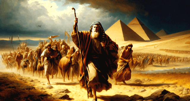 이집트 땅을 탈출하는 모세와 백성들이 줄을 잇는다. 백발의 모세는 긴 지팡이를 들고 맨 앞에서 걷는다.