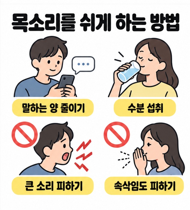 문자로 소통하며 말하는 양을 줄이고 물을 마시는 모습과 큰 소리 및 속삭임을 피하라는 표시를 함께 보여주는 목소리 관리 이미지