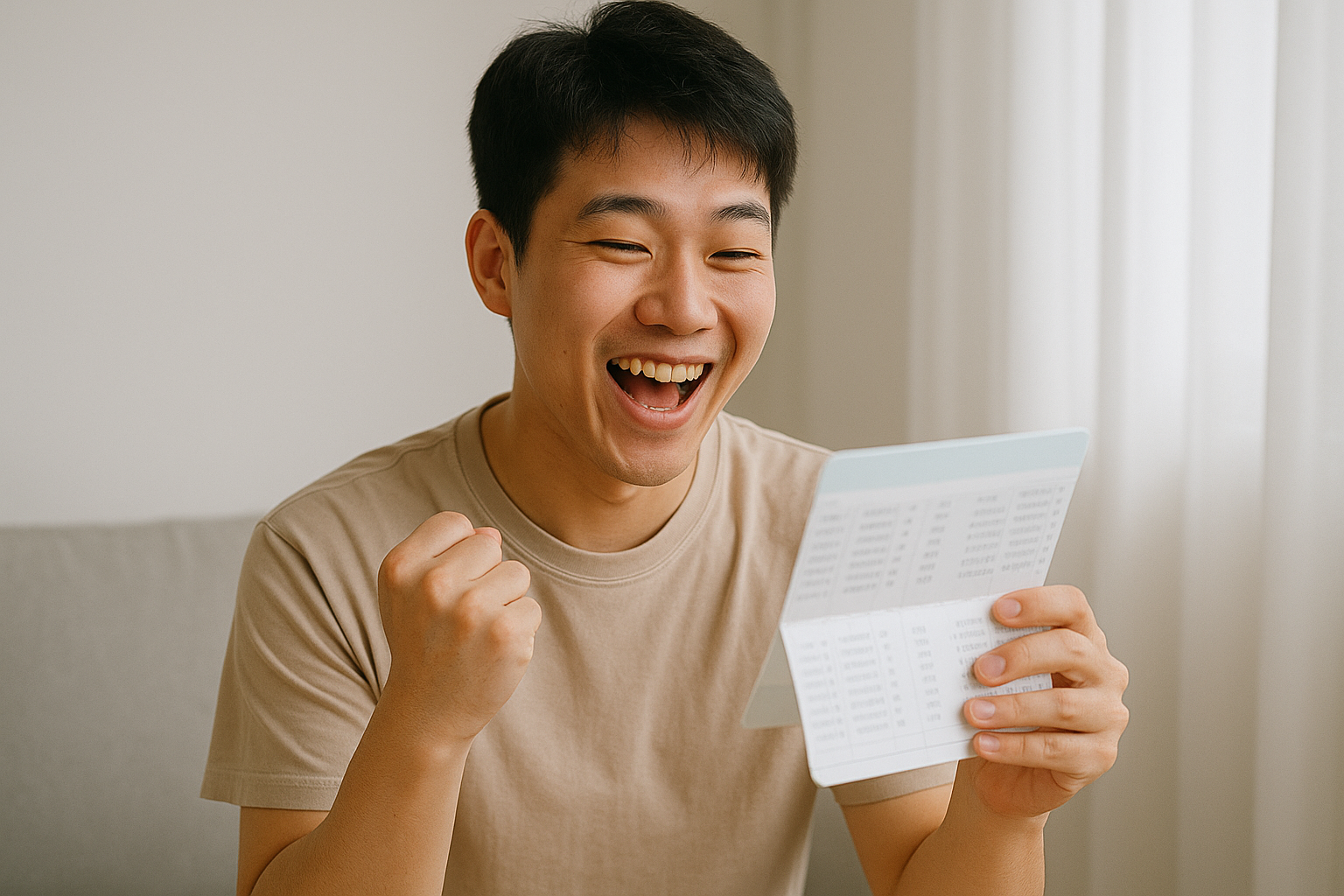 청년 내일 저축 통장 보고 즐거워 하는 청년