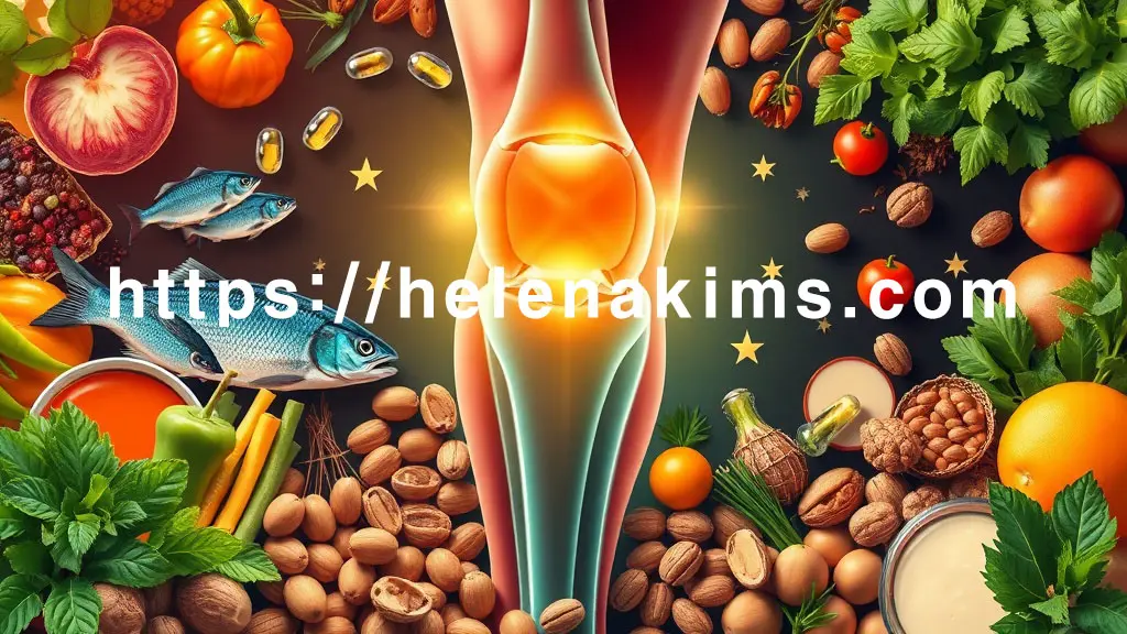 건강하게 빛나는 무릎 관절 주변에는 등푸른생선, 다채로운 채소와 과일, 견과류 등 항염증 식품과 영양제 캡슐 아이콘 이미지.