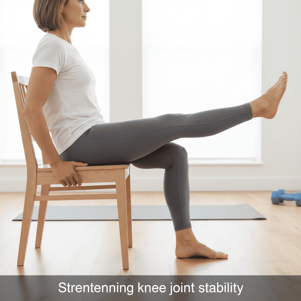 의자에 앉아 허리를 곧게 세운 상태에서 한쪽 다리를 천천히 들어 올려 무릎을 곧게 펴는 무릎 폄 운동 이미지