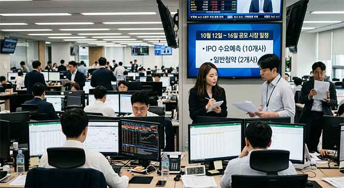 10월 12~16일 IPO 공모 일정이 띄워진 증권사 사무실 풍경.
