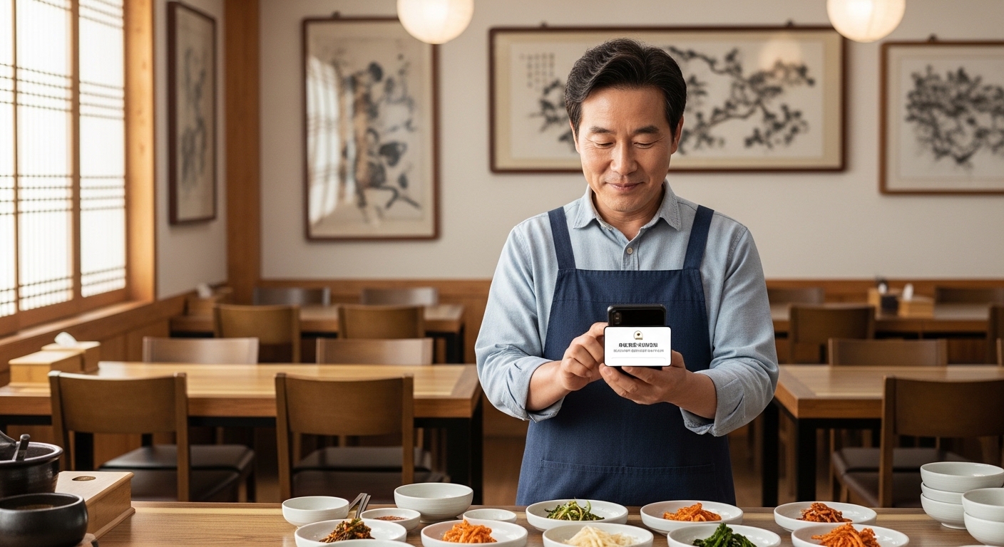 지급 완료 한글 알림을 확인하는 한국 소상공인 모습